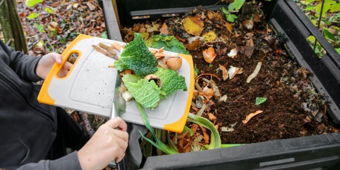 Personne vidant des déchets de cuisine (chou fleur, oeuf, pelures de carottes...) dans un composteur